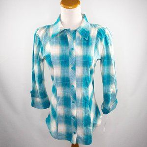 Love Rocks teal plaid blouse ladies size S